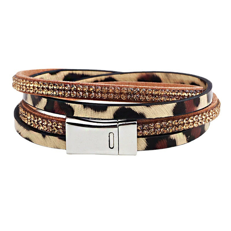 Mysterious Leopard Print Totem Rhinestone Handmade Leather Double - Strand Double - Loop Energy Protection Bracelet