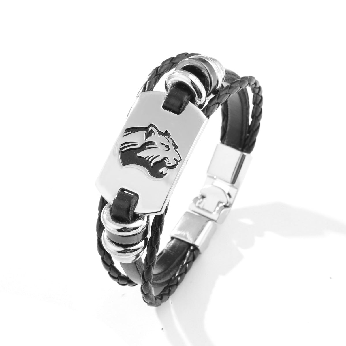 Jungle King Power Symbol | PU Leather Braided | Overbearing Protection | Leopard Head Alloy Bracelet