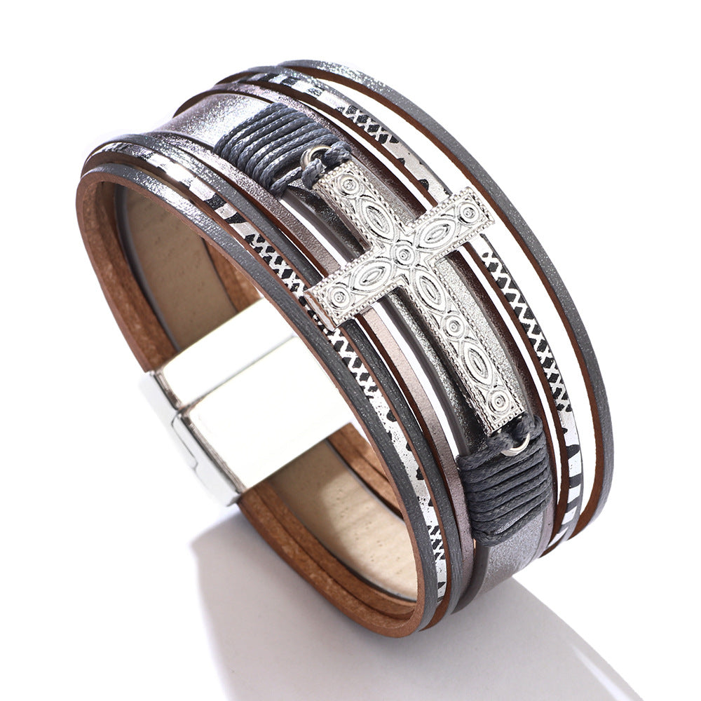 Spiritual Guardian Genuine Leather Braided Cross Magnetic Buckle Bracelet for Women
