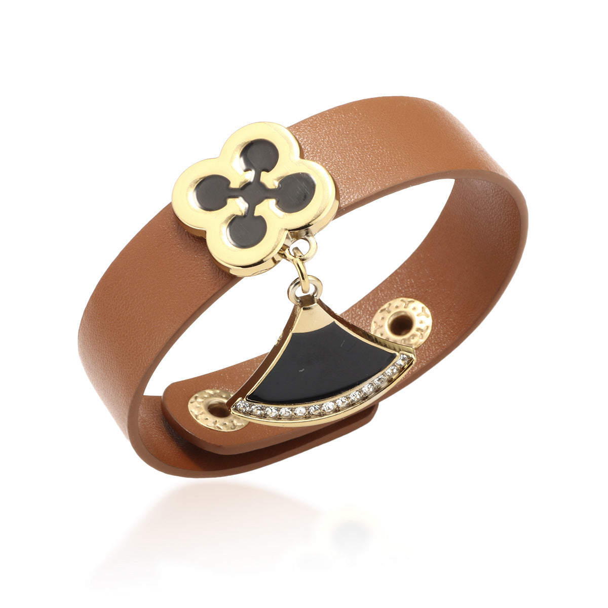 Lucky Charm PU Leather Bracelet with Rhinestone - inlaid Fan - shaped Four - leaf Clover (Fresh Style)