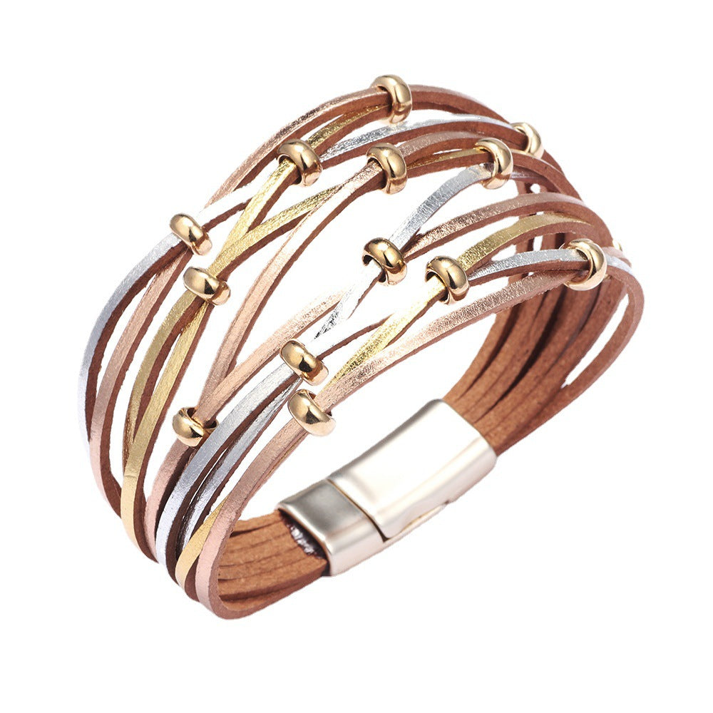 Bohemian Free Spirit Leather Braided Bracelet with Gold and Silver Beads - Beach Style Energy Bracelet for Women