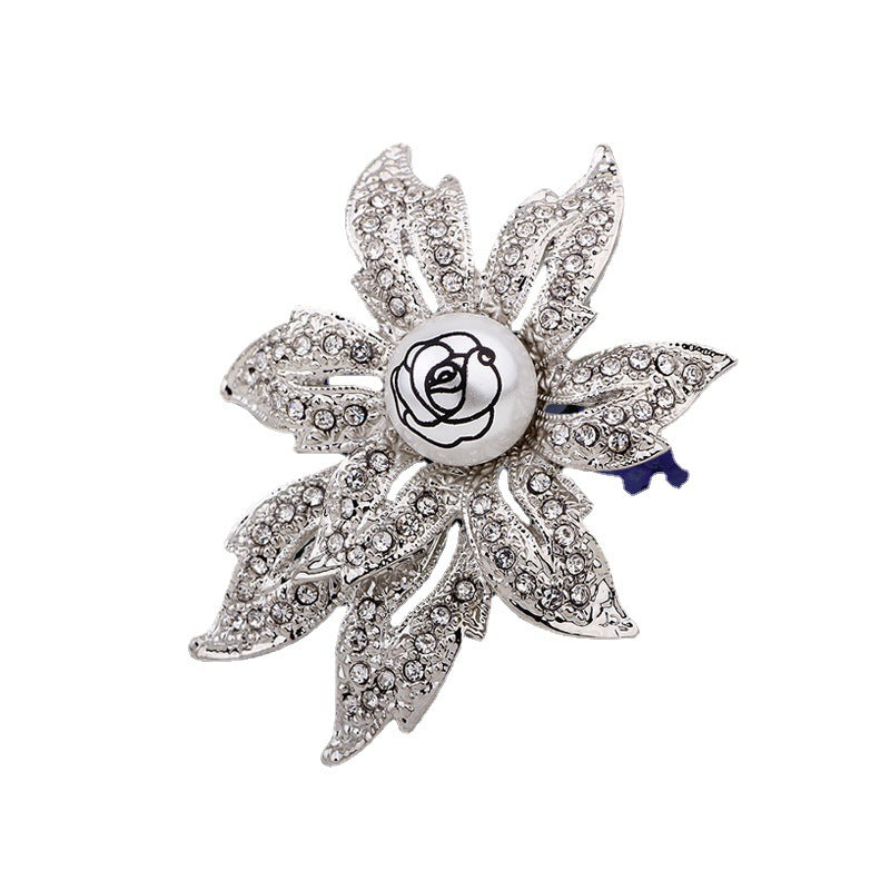 Trendy personality light luxury flower pearl full diamond metal corsage dress decoration