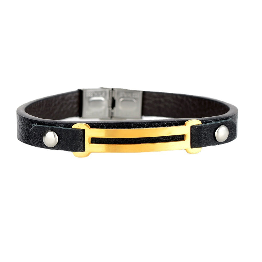 Pulsera sencilla europea-americana de cuero genuino de guardián espiritual | Acero inoxidable reforzado | Moderna y versátil 
