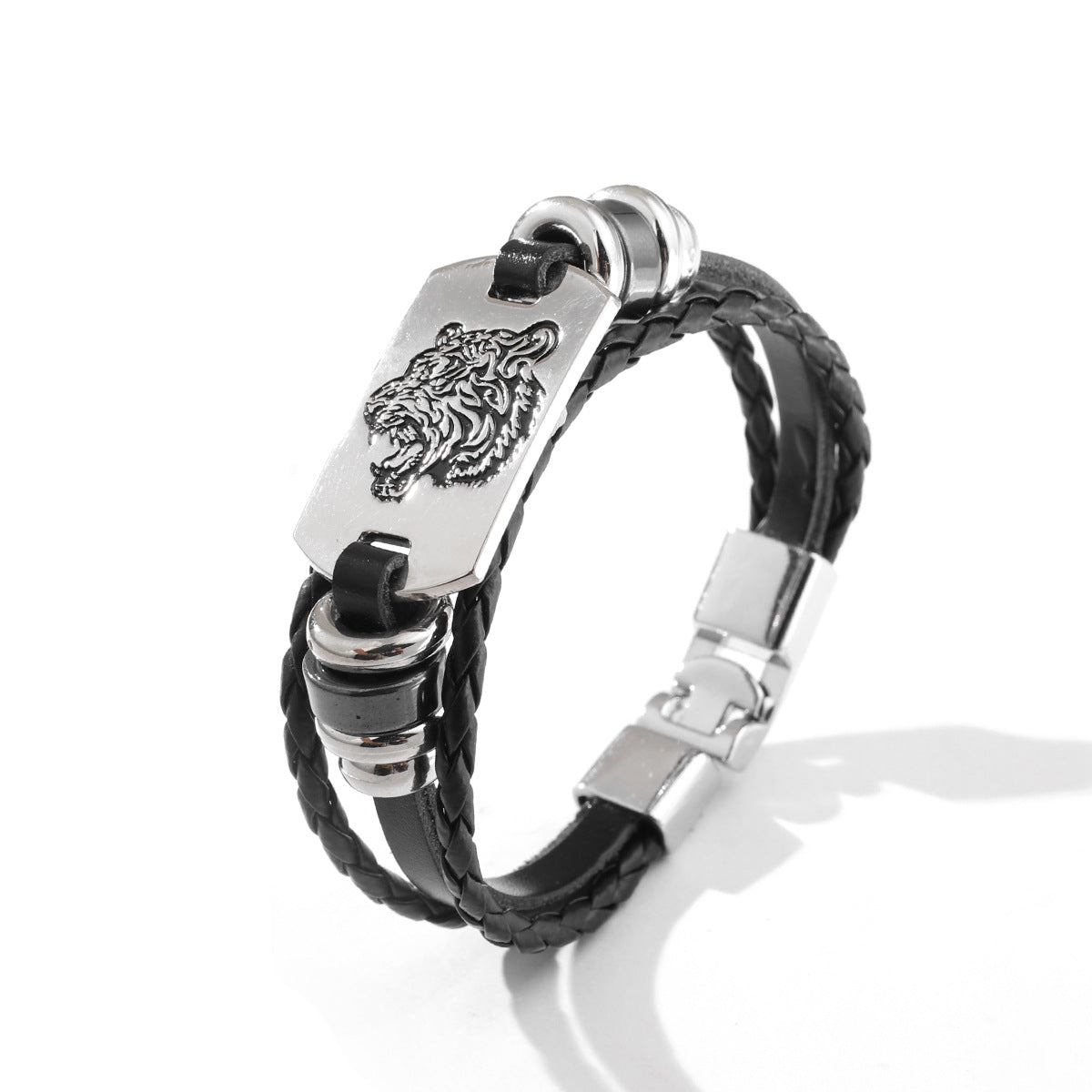 Tiger Totem Genuine Leather Multi-layer Braided Bracelet | Power of Protection | Alloy Tiger Head Blessing