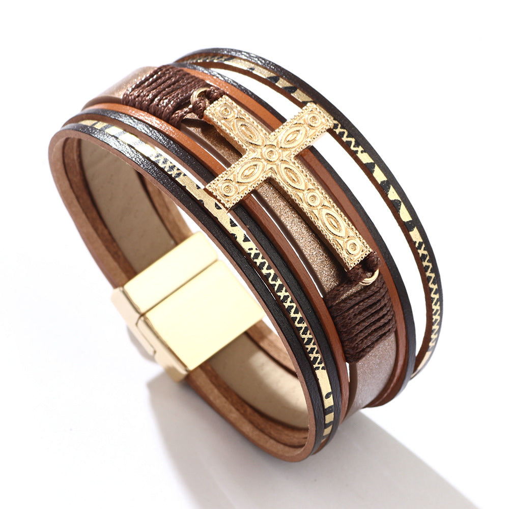 Spiritual Guardian Genuine Leather Braided Cross Magnetic Buckle Bracelet for Women