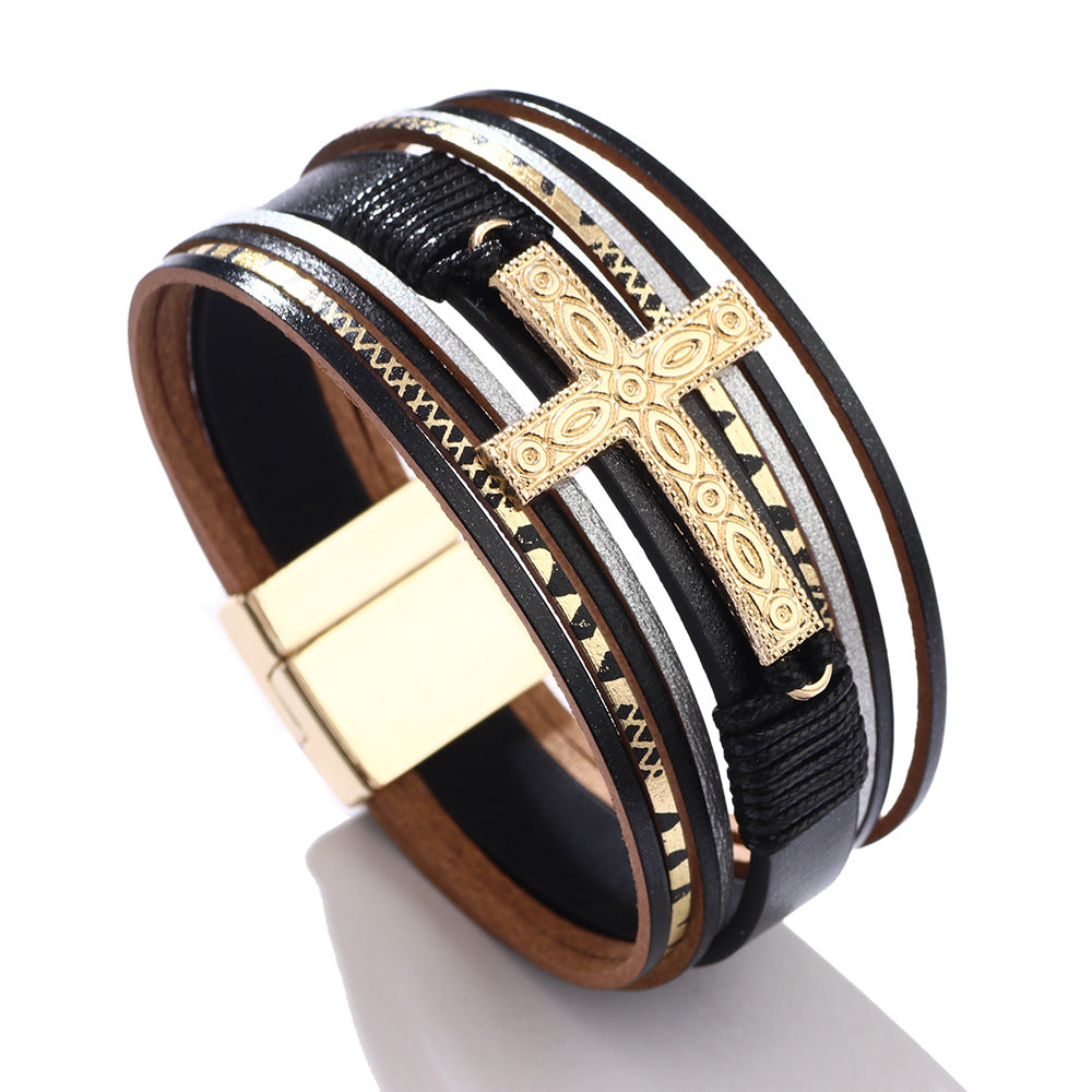 Spiritual Guardian Genuine Leather Braided Cross Magnetic Buckle Bracelet for Women