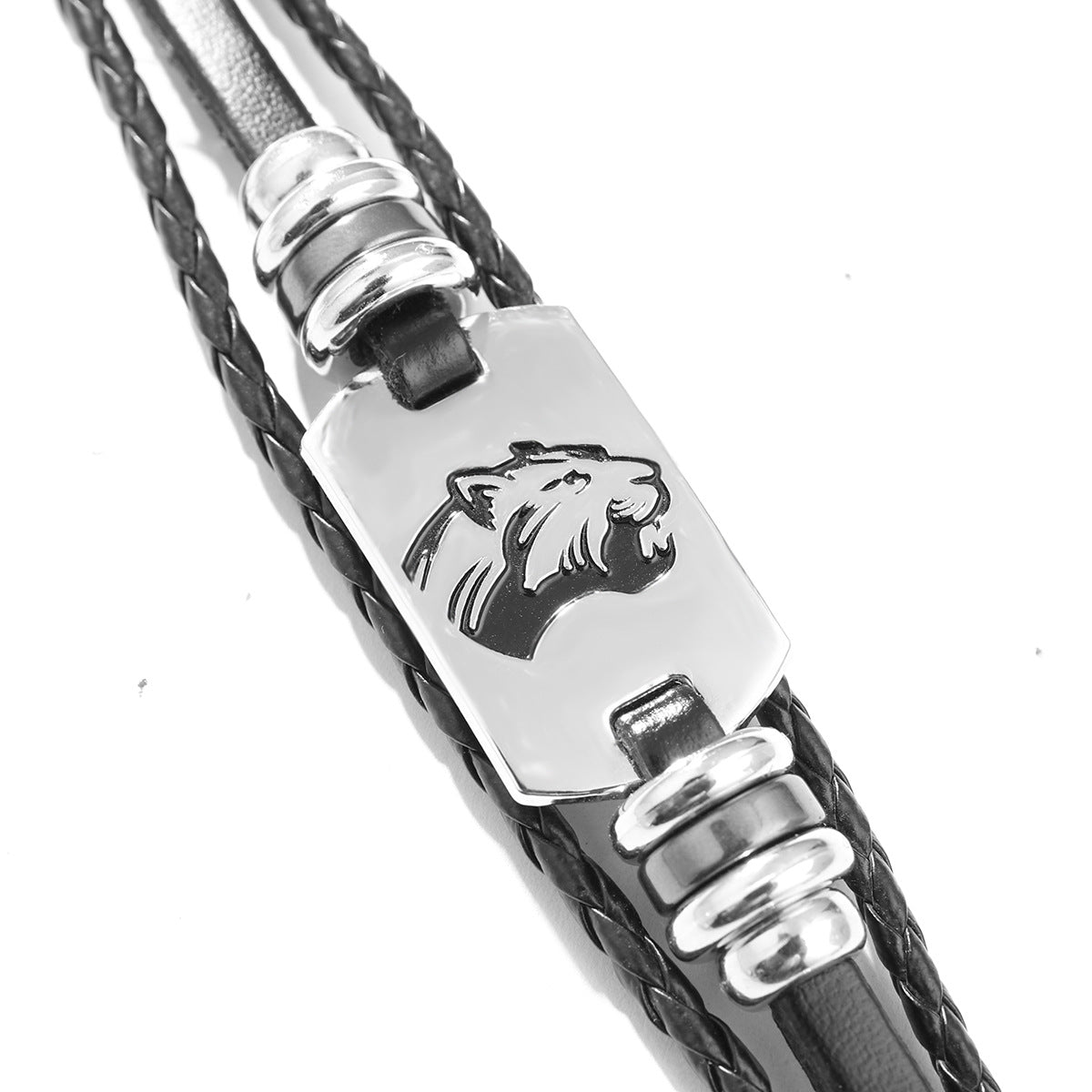 Jungle King Power Symbol | PU Leather Braided | Overbearing Protection | Leopard Head Alloy Bracelet
