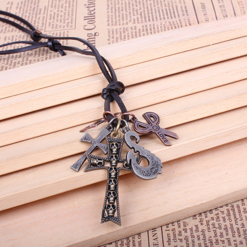 Vintage Copper Leather Handwoven Cross Small Scissors Necklace | Multi-Element Ornaments | Talismans | Wealth Symbols