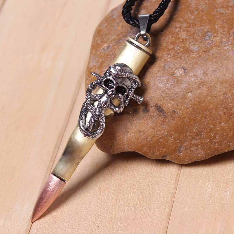 Pirate Legend Bronze Skull Bullet Necklace | Retro Fashion Sweater Chain